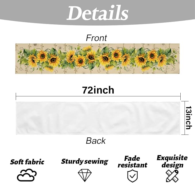 Summer Sunflowers Table Runner, Seasonal Spring Summer Flowe Table Runners | - Image 6