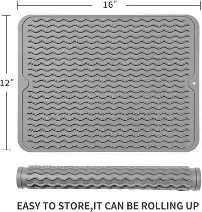 Silicone Dish Drying Mat for Multiple Usage,Easy clean,Eco-friendly,Heat-resistant Silicone Mat for Kitchen Counter or Sink,Refrigerator or drawer liner Grey L 16 inches x 12 inches