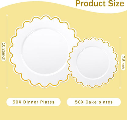 LIYH 100Pcs White Gold Plastic Plates Heavy Duty Disposable Party Set | - Image 9