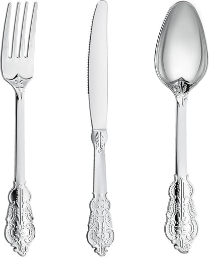 N9R 120PCS Silver Plastic Silverware, Heavy Duty Plastic Cutlery for Parties, Fancy Disposable Flatware Set Includes 40 Forks, 40 Spoons, and 40 Knives, Perfect for Weddings, Dinners, Picnics, Party