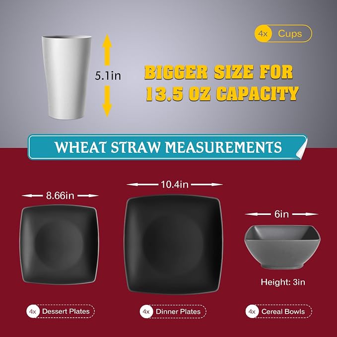 Teivio 16-piece Plastic Wheat Straw Square Dinnerware Set - Image 2