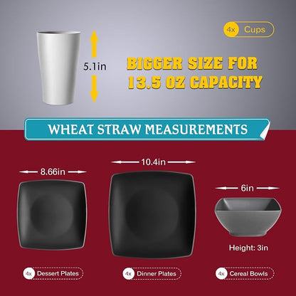 Teivio 16-piece Plastic Wheat Straw Square Dinnerware Set - Image 2