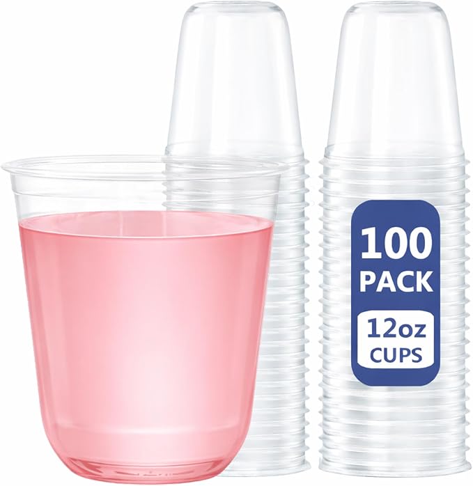 WELLIFE 100 Pcs 12 oz Clear Plastic Cups | Disposable Wine Glasses Stemless by WELLIFE
