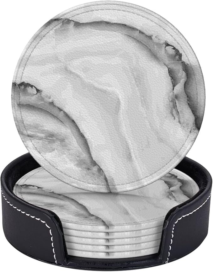 6 Pcs Simple Crystal White Gray Marble Leather Coasters by CAPVKING