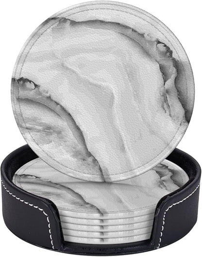 6 Pcs Simple Crystal White Gray Marble Leather Coasters by CAPVKING