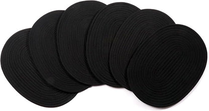 6 Pack Woven Placemats Fabric Tablemats, 12x16 inches Plate Chargers Cotton Weave Placemat Oval Braided Rattan Tablemats for Kitchen Dining Table Outdoor Party Wedding Decoration (Black)