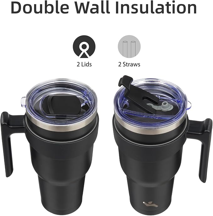 Konokyo 40 oz Tumbler with Handle and Straw, Insulated Travel Mug | Black; - Image 3