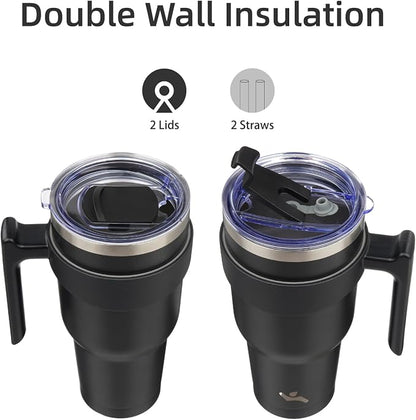 Konokyo 40 oz Tumbler with Handle and Straw, Insulated Travel Mug | Black; - Image 3