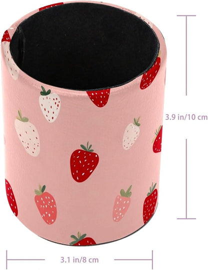 Leather Pen Holder for Desk, Cute Strawberries Print Pencil Cup Pen Organizer - Image 3