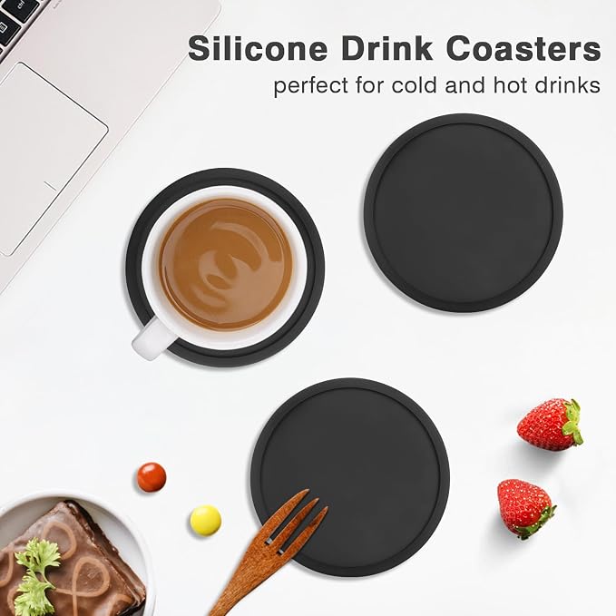 2 Pack Silicone Coasters for Drinks, Round Black Coaster - Image 5