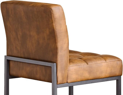 Coffee Faux Leather Dining Chairs Set of 2, Mid-Century Modern Dining Room Chairs with Armless, Checkered Kitchen Chair with Metal Legs
