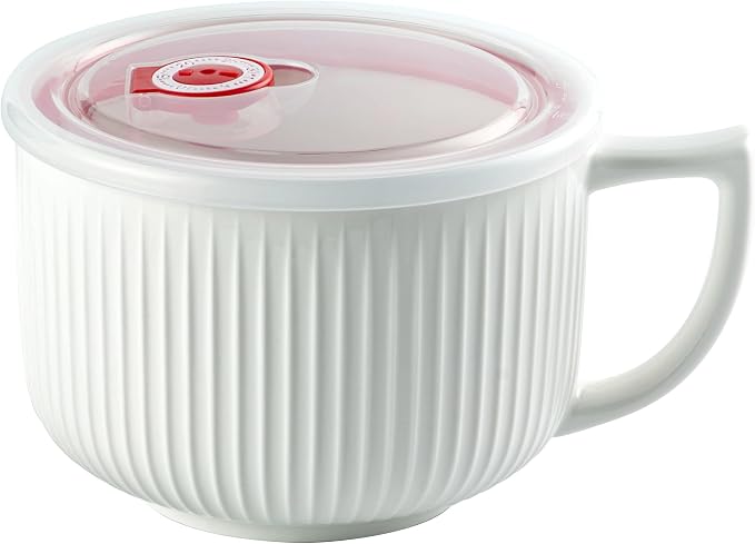 Ceramic Soup Bowl with Handle & Lid, Jumbo 38oz Microwave Ramen Bowl White | by Hoilse