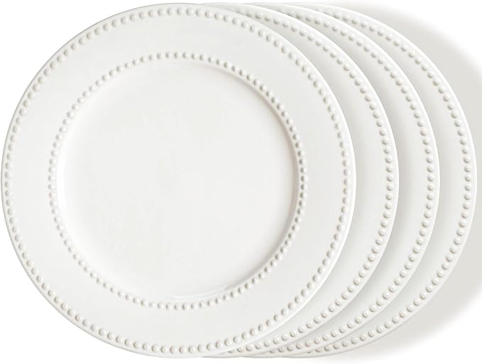 Dinner Plates Set of 4, 10.5 inch White Ceramic Plates, Embossed Salad Plates by Wareland