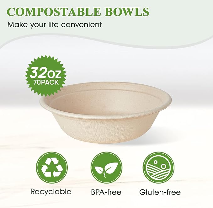 70 Pack 32 OZ Large Compostable Disposable Paper Bowls - Image 2