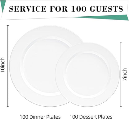 200PCS White Plastic Plates, Heavy Duty Plastic Plate Disposable, Include 100 Dinner and 100 Dessert Plates for Party and Wedding