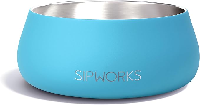 Sipworks Stainless Steel Dog Bowl – 32oz Weighted Metal Food and Water Bowls for Dogs and Cats with Non-Slip Base - Pet Bowls for All Breeds Sizes for Travel & Outdoor Play | Sky Blue