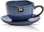 Organic Shape Highland Ceramic Coffee Cup and Saucer, 24pcs 8oz Handmade Reactive Glaze Stoneware Cup and Saucer with Wavy Edge, for Kitchen, Microwave & Dishwasher Safe, Scratch Resistant-Blue