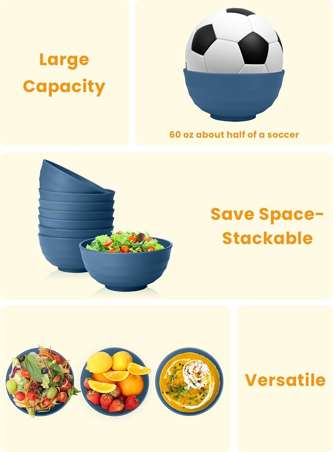Deep Noodle Bowls Set of 8: 60oz Large Wheat Straw Bowls - Image 5