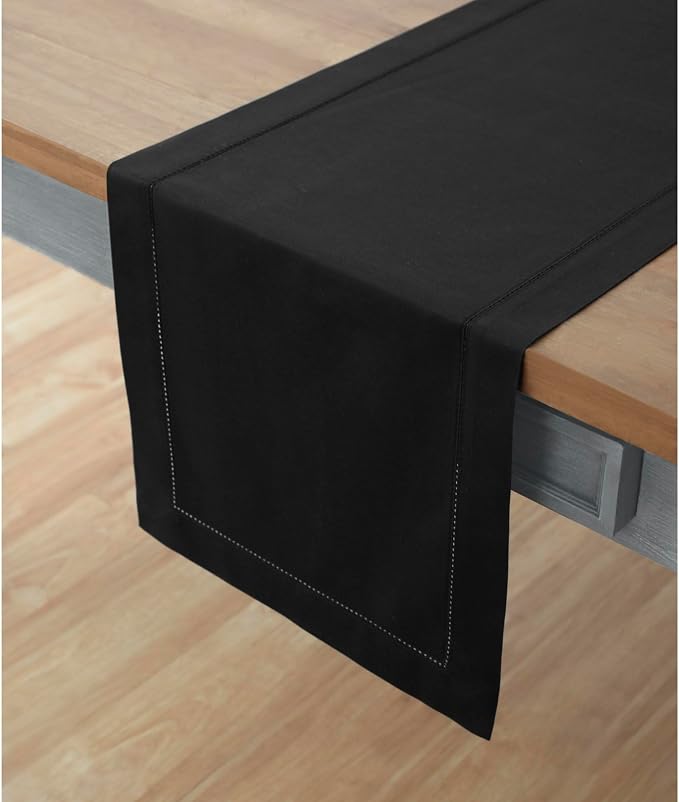 Solino Home Cotton Linen Dining Table Runner Black Hemstitch, 14 x 36 in | - Image 2