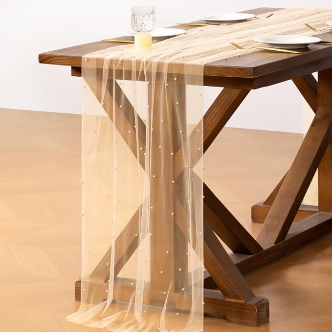 Pearl Table Runner Summer Tulle Gauze Sheer Wedding Party Home Decor | Peach - Image 4