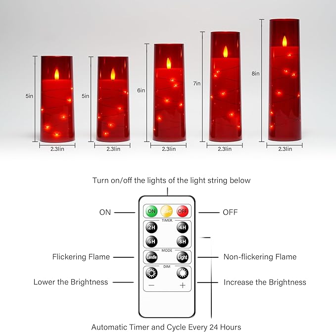 Flameless LED Candles with Timer 5 Pc Flickering Flameless Candles for Romantic Ambiance and Home Decoration Stable Acrylic Shell,with Embedded Star String，Battery Operated Candles（Red）