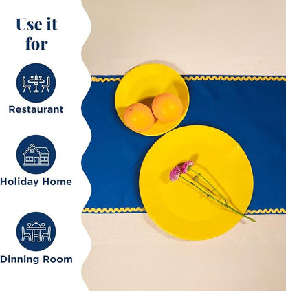 Folkulture Fall Table Runner 90 Inches Long | Blue & Yellow Rick Rack | Table - Image 4
