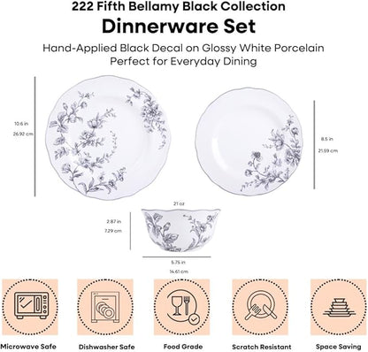 222 Fifth 12-Piece Porcelain Dinnerware Set for 4, White & Black Plates and Bowls Set, Glossy Ceramic Dish Set with Delicate Floral Design, Elegant Kitchen Dishes, Microwave & Dishwasher Safe, Bellamy