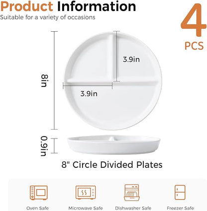8" Ceramic Divided Plates Set - 4Pcs, Portion Control Plate, Bariatric Plate for Kids Adults, 3 Compartment Plates, Dinner Plates for Balanced Meal, Oven, Dishwasher Safe, White