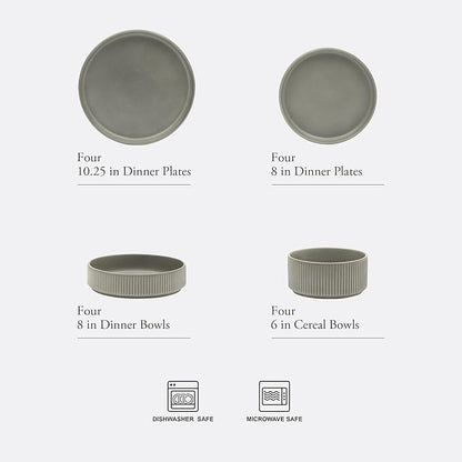Gibson Elite Deerfield 16-Piece Stoneware Dinnerware Set – Soft Grey Reactive Glaze, Stackable Plates and Bowls, Service for 4 – Microwave & Dishwasher Safe