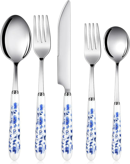5 Pcs Chinoiserie Silverware Set Blue White Porcelain Ceramic | Stainless Steel by RimCereal