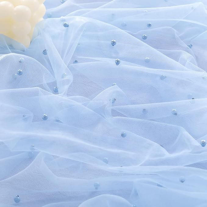Pearl Table Runner Summer Tulle Gauze Sheer Wedding Party Home Decor | Blue - Image 3