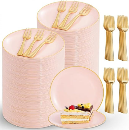 Festiva 400Pcs Pink Gold Dessert Plates 6.3" with Forks 5"- 200PCS Small Disposable Dessert/Cake/Appetizer Plates and 200PCS Forks - Serve 200 Guests for Birthday Party& Wedding &Valentine's Day