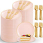 Festiva 400Pcs Pink Gold Dessert Plates 6.3" with Forks 5"- 200PCS Small Disposable Dessert/Cake/Appetizer Plates and 200PCS Forks - Serve 200 Guests for Birthday Party& Wedding &Valentine's Day