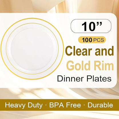I00000 100PCS Clear Gold Plastic Plates, Clear Dinner Plates with Gold Rim 10 Inch, Fancy Disposable Wedding Premium Plastic Plate for Wedding & Party