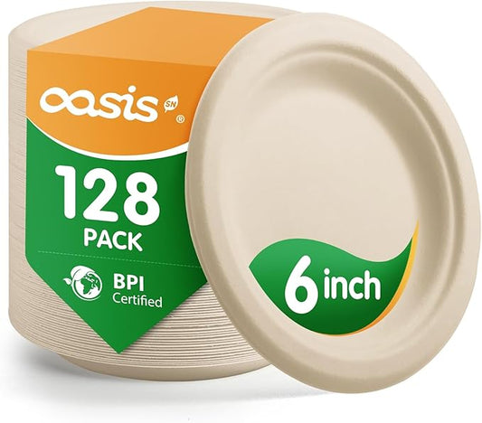 6 Inch 128 Pack Compostable Disposable Paper Plates, Small Dessert Plates, Heavy Duty Sugarcane Bagasse, Biodegradable Eco-Friendly, Perfect for Kids Meals & Parties, Natural