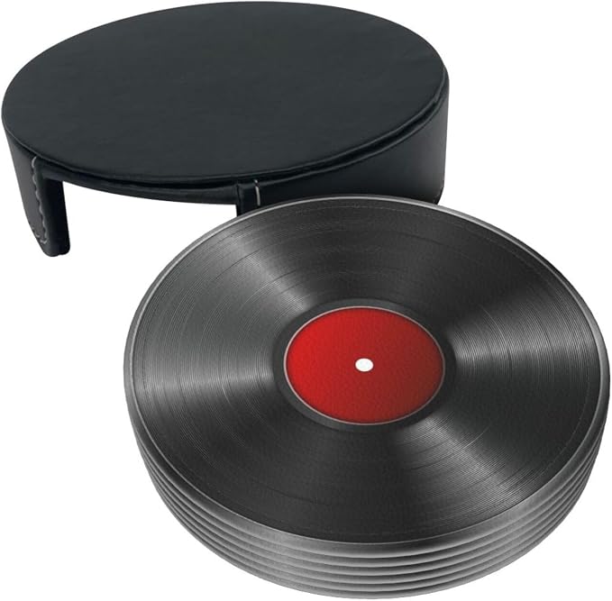 Drink Coasters with Holder Stand Set of 6, Phonograph Record Vinyl Pu Leather - Image 9