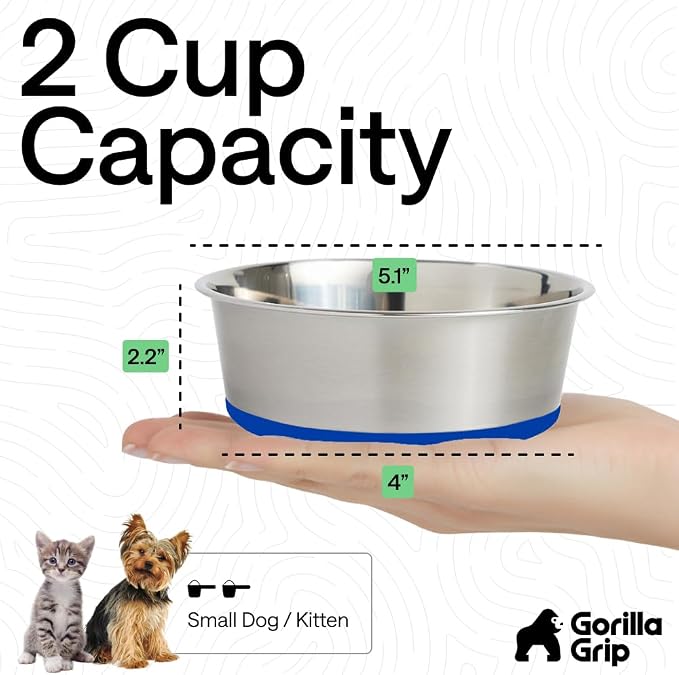 GORILLA GRIP Dog Bowls, Food Grade 304 Stainless Steel, Holds 2 Cups Each Food - Image 4