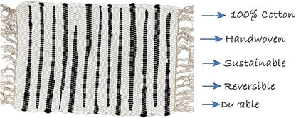 Perilla Home Placemat Set of 4 - Cotton Linen Blend Square Placemats - Farmhouse Rustic Woven Bohemian Machine Washable Table Mats with Tassels for Dining Table Decor (Black & White)