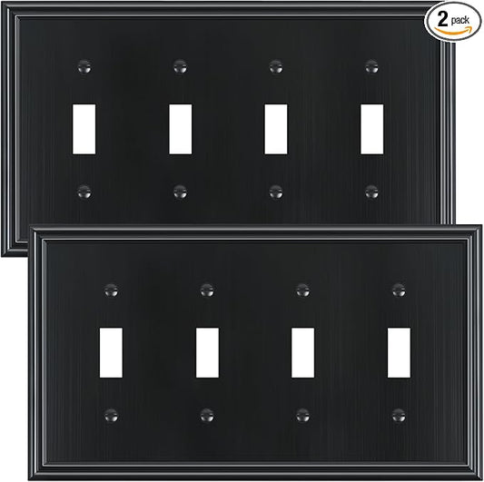 2-Pack Quad Toggle Light Switch Cover Plate, Durable Zinc Alloy Decorative Switch Plate Covers, Black 4 Gang Wall Plate for Toggle Light Switch and Rotary Dimmer Switch