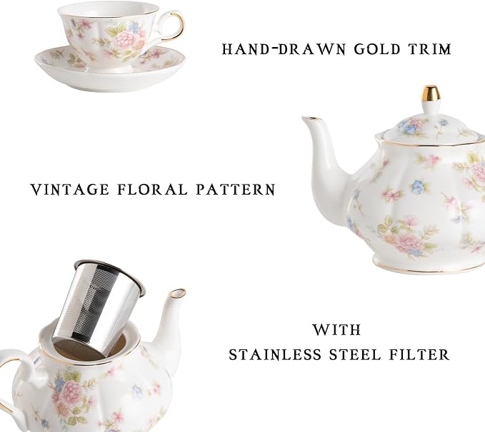 Sweejar Porcelain Tea Set Vintage Floral, British Relief Gold Rim Teapot Cup - Image 2