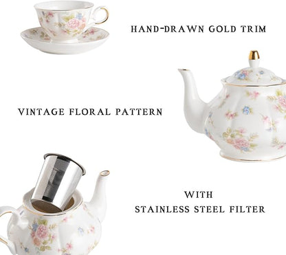 Sweejar Porcelain Tea Set Vintage Floral, British Relief Gold Rim Teapot Cup - Image 2