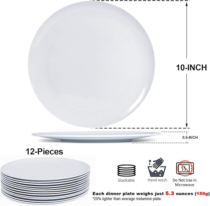White Melamine Dinner Plates，12pcs Dishes Set，10“ Lightweight Round Plates | - Image 2