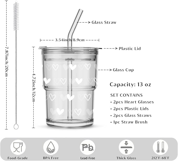 INSETLAN 13 oz Heart Decal Glass Tumblers Set of 2, Thick Wall Glass Cups - Image 3