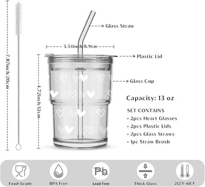 INSETLAN 13 oz Heart Decal Glass Tumblers Set of 2, Thick Wall Glass Cups - Image 3