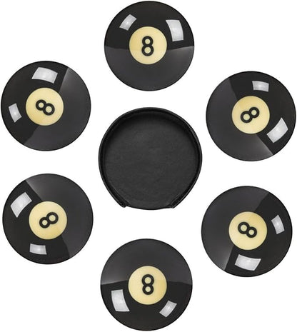 Black 8 Billiard Coasters for Drinks with Holder Round Leather Coasters Set of 6 Cups Mugs Mat Pad for Home Kitchen Bar