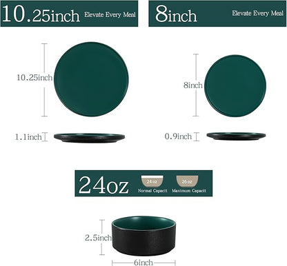 12 Piece Ceramic Dinnerware Set for 4, Modern Minimalist Stoneware Dinner Plates and Bowls, Microwave Safe, Dishwasher Safe, Versatile for All Seasons, Matte Green