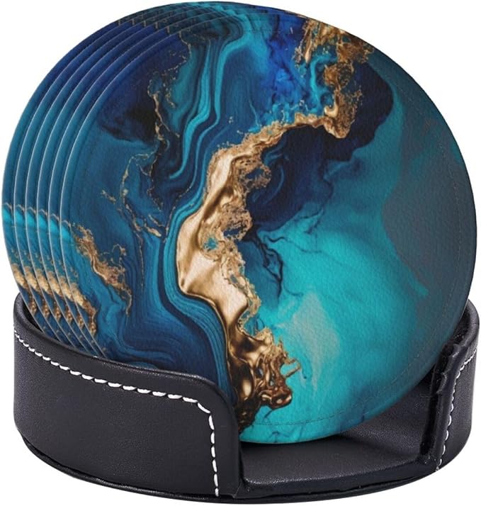 Cyan Mint Liquid Watercolor Teal Turquoise Marbled Premium Leather Coasters - Image 4