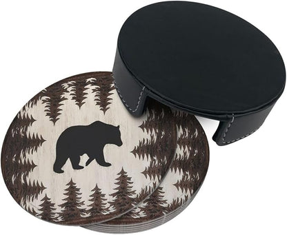 6 Pcs Bear and Pines Leather Coasters - Image 4