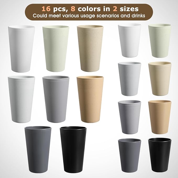 HEYCOME Set of 16 Wheat Straw Cups, Reusable Plastic Cups Sets, Water Glasses - Image 3