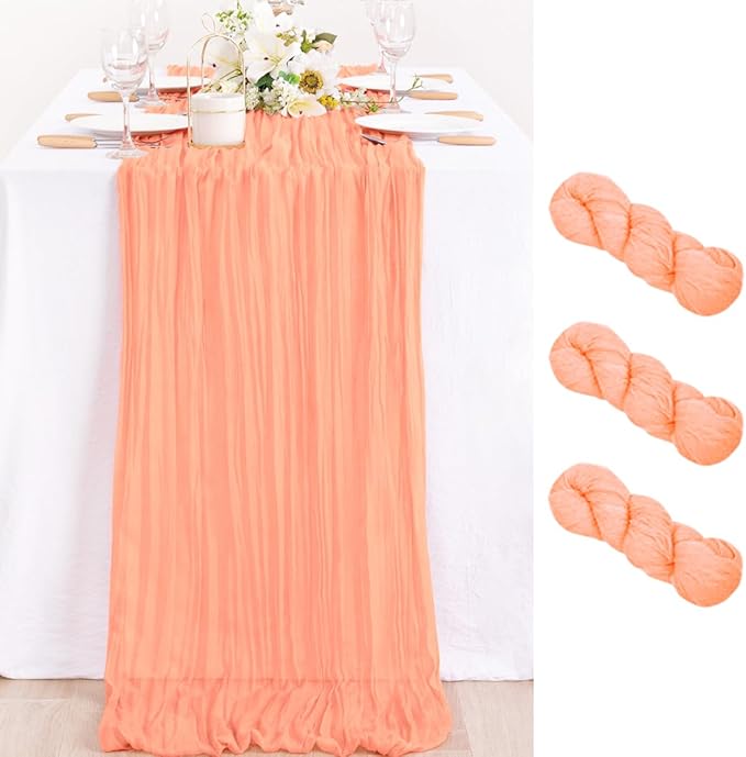 3 Pack Peach Pink Cheesecloth Table Runner 10ft Coral Sheer Gauze Decor | by MLMC